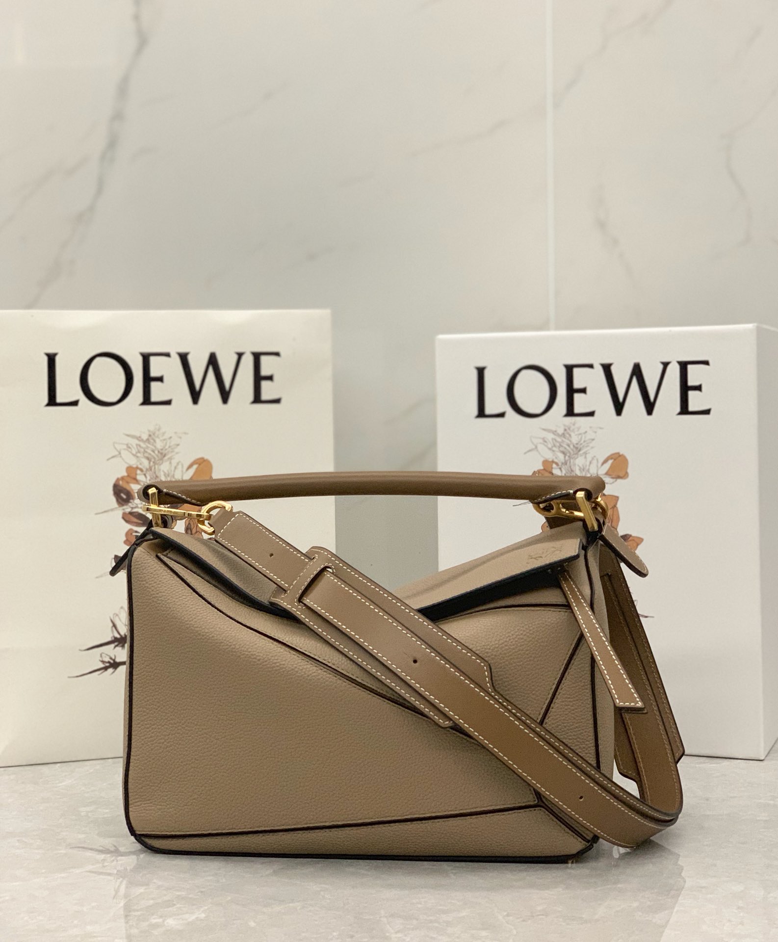 Loewe Medium Puzzle Bag in Soft Grained Calfskin Sand